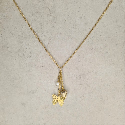 שרשרת פרפר לב ופנינה קצרה