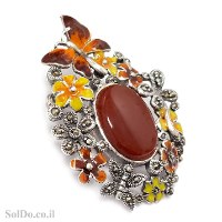 סיכה-תליון מכסף מעוצבת משובצת מרקזטים, אבן קרנליאן ואמייל צבעוני T6194 | תכשיטי כסף