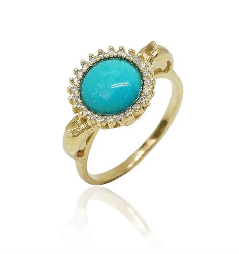 טבעת זהב משובצת אבן טורקיז ויהלומים 0.22  קראט