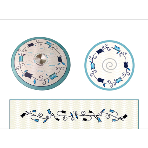 סט צלחת מסתובבת, תחתית לסיר וראנר דגם טוליפ כחול