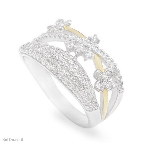 טבעת מכסף רחבה משובצת אבני זרקון ושילוב גולדפילד RG6356 | תכשיטי כסף | טבעות כסף