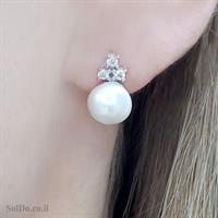 עגילי כסף משובצים פנינה לבנה ואבני זרקון A8712 | תכשיטי כסף 925