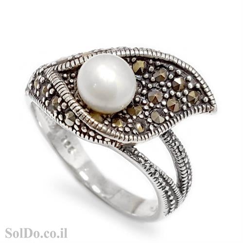 טבעת מכסף משובצת פנינה לבנה ומרקזטים RG5998