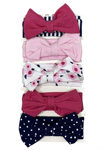 סט חמישיית סרטי שיער פרחים ורוד בייבי-לבן