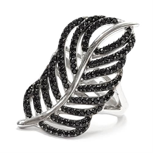 טבעת כסף דגם "נוצה" משובצת אבני זרקון שחורות RG1554