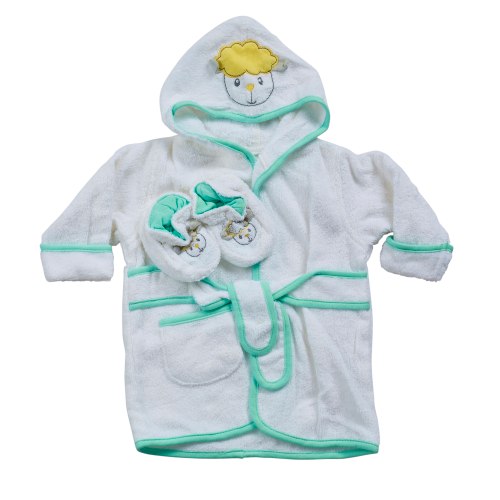 חלוק רחצה עם נעליים כבשה לבן+ירוק