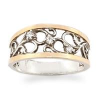 טבעת כסף רחבה מצופה זהב 9K מעוצבת עיטורים, משובצת אבני זרקון  RG8540