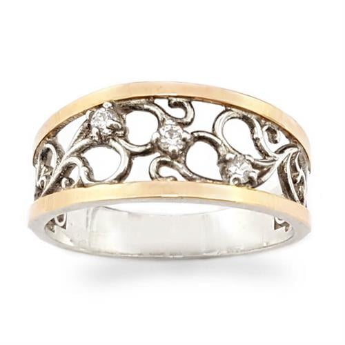 טבעת כסף רחבה מצופה זהב 9K מעוצבת עיטורים, משובצת אבני זרקון  RG8540