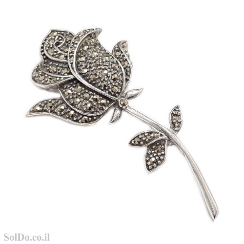 סיכה מכסף מעוצבת בצורת ורד משובצת מרקזטים  T6198 | תכשיטי כסף