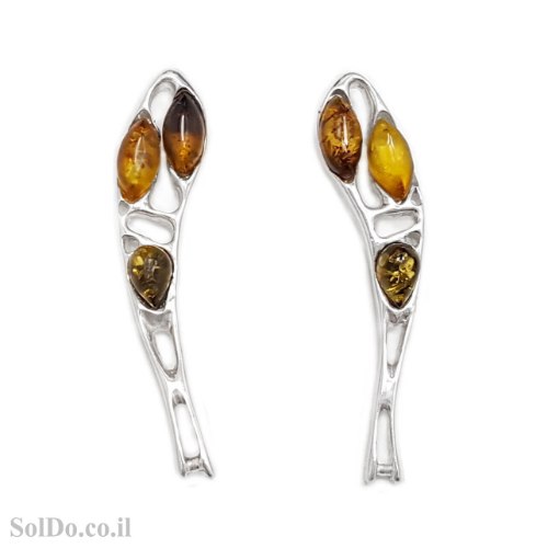 עגילים מכסף מעוצבים בשילוב ענבר בלטי אמיתי  מיקס צבעים A8962