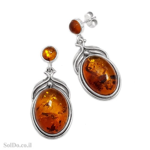 עגילים מכסף תלויים בשילוב ענבר בלטי אמיתי  צבע קוניאק A8973