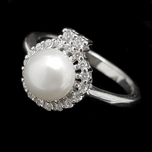 טבעת מכסף משובצת פנינה לבנה וזרקונים RG5536 | תכשיטי כסף 925 | טבעות עם פנינה