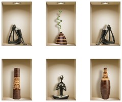 שישיית מדבקות נישה כוורת פסלים שחורים ואגרטלים חומים מעץ דגם 650