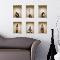 שישיית מדבקות נישה כוורת פסלים שחורים ואגרטלים חומים מעץ דגם 650