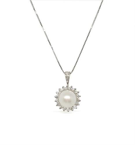 שרשרת משובצת פנינה 7.5 ממ ויהלומים