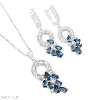 עגילים תלויים ותליון מכסף משובצים אבני טופז כחולה ואבני זרקון S1737