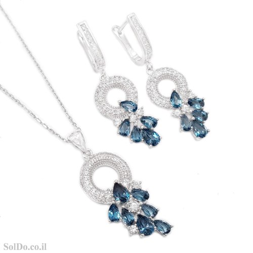 עגילים תלויים ותליון מכסף משובצים אבני טופז כחולה ואבני זרקון S1737