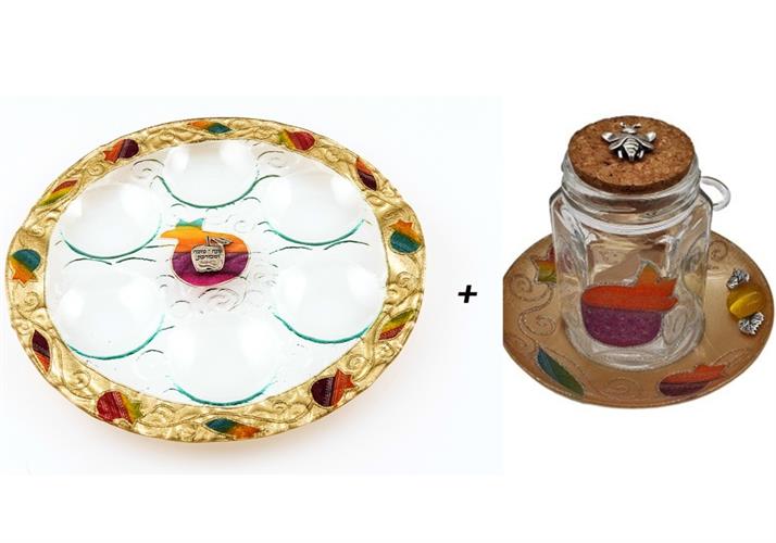 צנצנת דבש + קערת סימני ראש השנה דגם רימונים