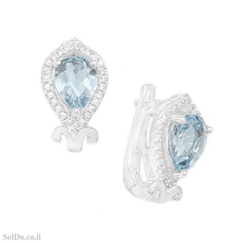 עגילים מכסף משובצים אבני טופז כחולות וזרקונים A9028 | תכשיטי כסף 925 | עגילי כסף