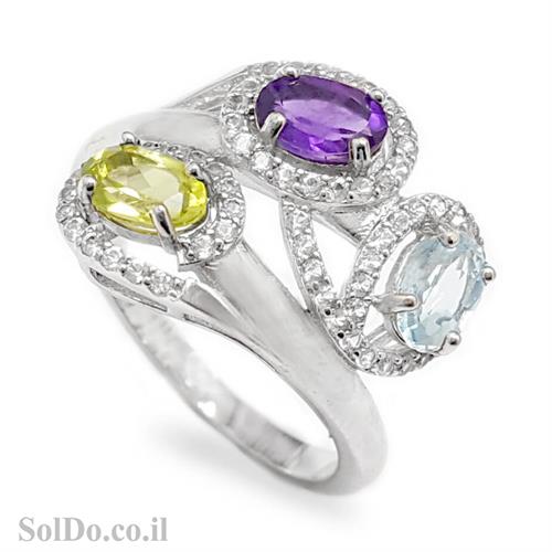 טבעת מכסף משובצת אבני אמטיסט, טופז כחול ופרידוט וזרקונים RG1620