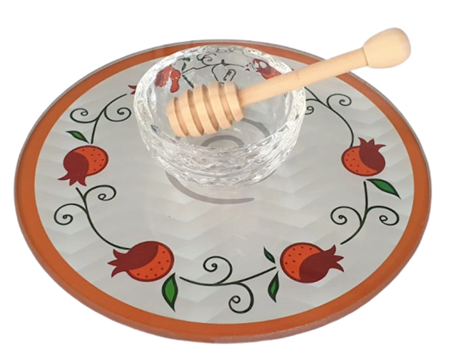 כלי לדבש מסגרת כתומה בעיטור רימונים