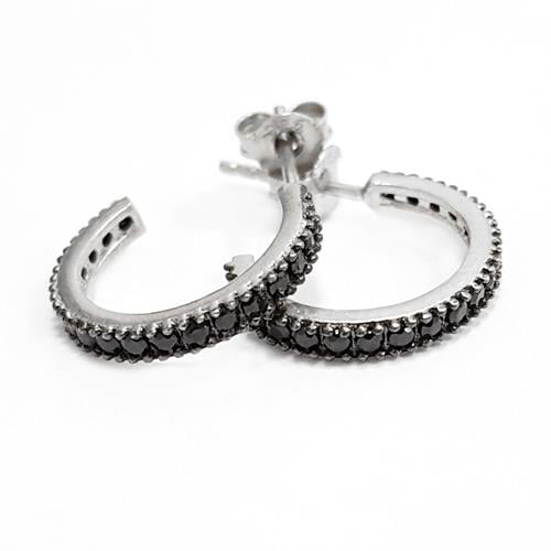 עגילי כסף חישוק קטן משובצים אבני זרקון שחורות  A1622 | תכשיטי כסף 925 | עגילי כסף