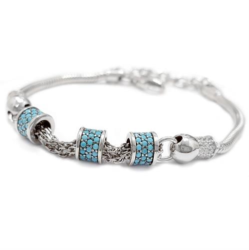 צמיד כסף מעוצב עם 3 צ'ארמים משובצים אבני זרקון כחולות Z2963 | תכשיטי כסף 925 | צמידי כסף