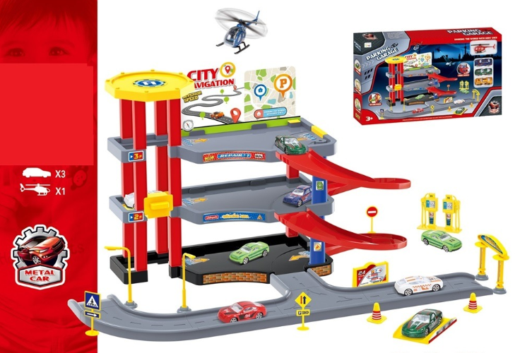 גראז' חנייה עם מכוניות ותמרורים