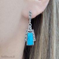 עגילים מכסף תלויים משובצים מרקזטים ואבני טורקיז  A8986 | תכשיטי כסף 925 | עגילי כסף