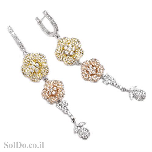 עגילי כסף ארוכים משובצים אבני זרקון בשילוב ציפוי גולדפילד A8646 | תכשיטי כסף 925