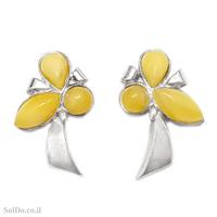 עגילים מכסף צמודים בשילוב ענבר בלטי אמיתי  צבע למון A8694