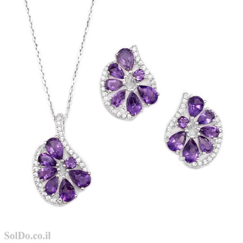 עגילים ותליון מכסף משובצים אבני אמטיסט סגול וזרקונים S1728 | תכשיטי כסף 925 | עגילי כסף