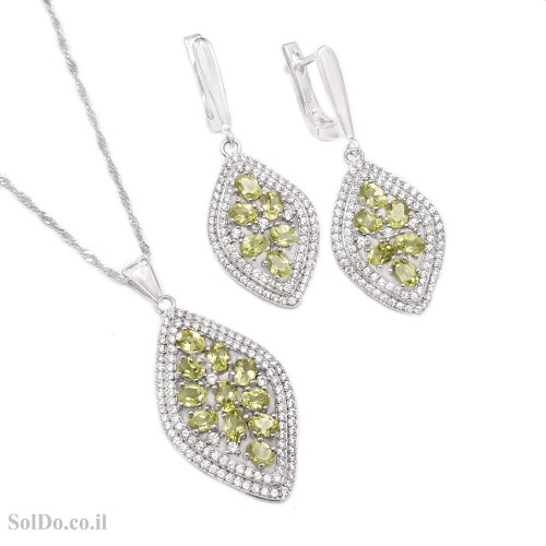 עגילים תלויים ותליון מכסף משובצים אבני פרידוט ואבני זרקון S1721