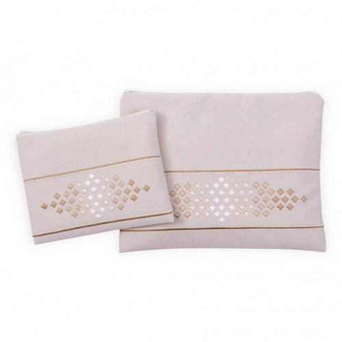 כיסוי לטלית ותפילין בצבע אופוויט בעיטור מעויינים