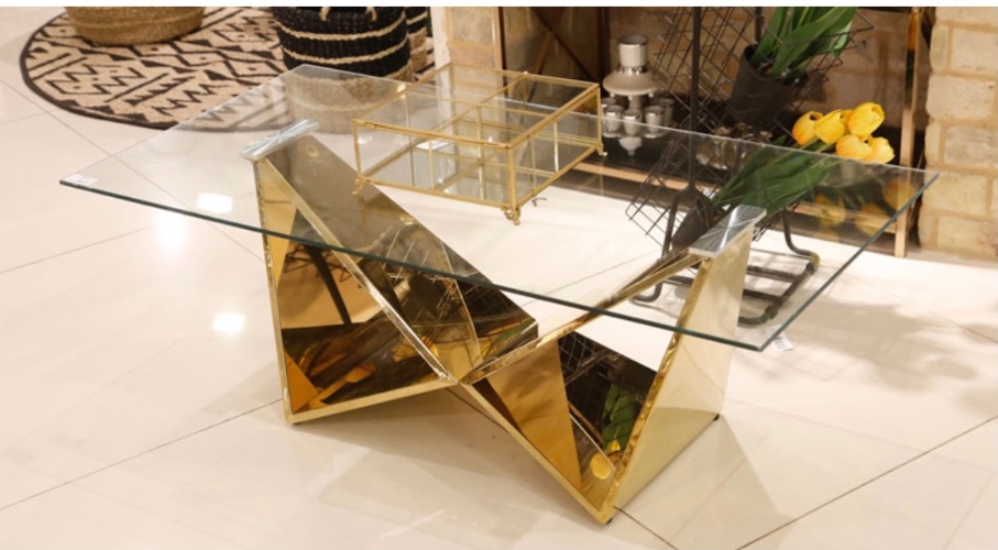 שולחן סלון נירוסטה זהב  זכוכית שקופה