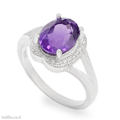טבעת מכסף משובצת אבן אמטיסט ואבני זרקון RG9016 | תכשיטי כסף 925 | טבעות כסף