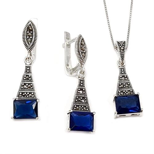 עגילים ותליון כסף משובצים מרקזטים ואבני זרקון כחולות  S1540 | תכשיטי כסף 925 | עגילי כסף | שרשרת כסף