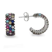 עגילי חישוק מכסף משובצים 3 שורות אבני זרקון צבעוניות A8385 | תכשיטי כסף 925