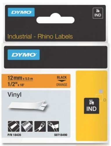 סרט סימון ויניל שחור על רקע כתום Dymo 18435 Vinyl IND Tape 12mmx5.5m