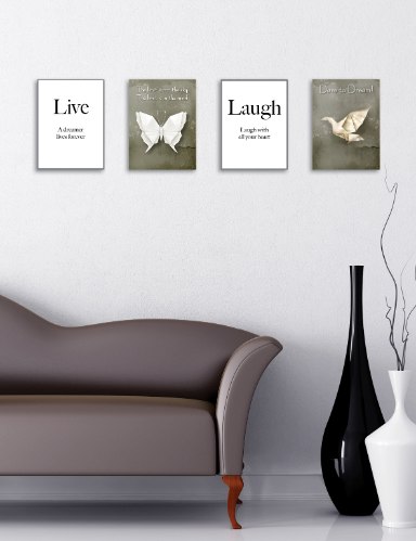 רביעיית תמונות השראה פרפר ועגור בקיפולי נייר והמילים תחיו ותצחקו, דגם 3