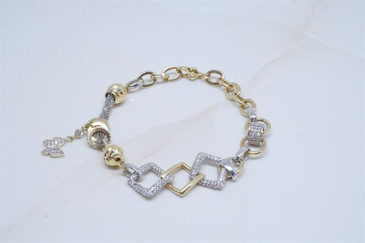 צמיד זהב 14 קראט עם צ'ארמס משובץ זרקונים