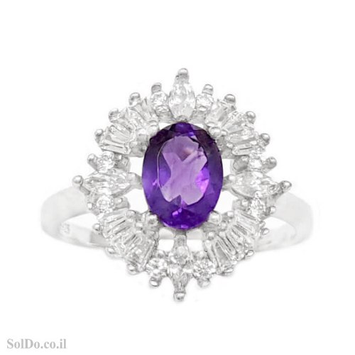 טבעת מכסף משובצת אבן אמטיסט ואבני זרקון RG6300 | תכשיטי כסף 925 | טבעות כסף