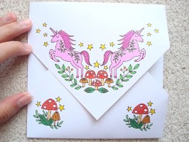 ספר צביעה כרטיסי ברכה ומעטפות - חדי קרן וקשת בענן