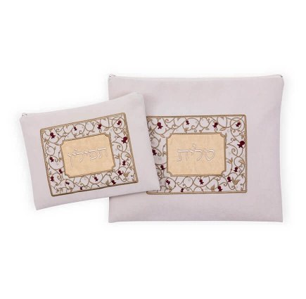 כיסוי לטלית ותפילין בצבע אופוויט עם מגזרת ורימונים