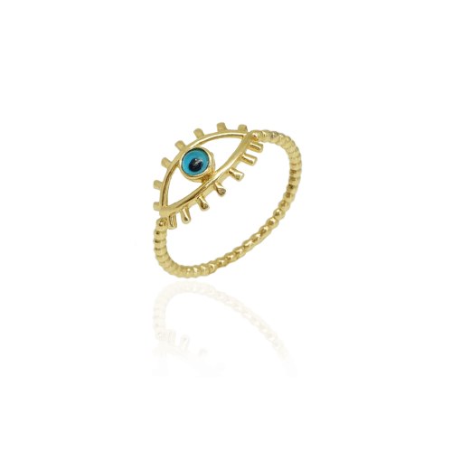 טבעת זהב עין רעה צבעונית עם אמייל כחול