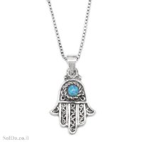 תליון חמסה מכסף בשילוב אבן אופאל T6181