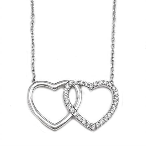 תליון מכסף 2 לבבות משובץ אבני זרקון T5946 | תכשיטי כסף