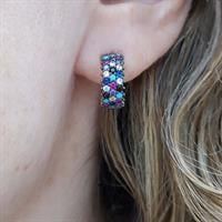 עגילי חישוק מכסף משובצים 3 שורות אבני זרקון צבעוניות A8385 | תכשיטי כסף 925