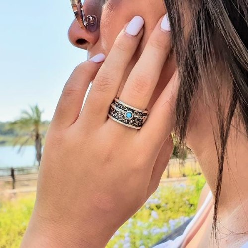 טבעת כסף טהור מסתובבת עם אבן אופל - דגם מעוטר R-37