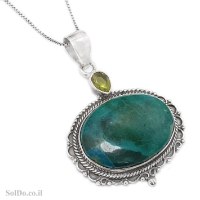 תליון מכסף משובץ אבן קריסוקולה ואבן פרידוט T6143 | תכשיטי כסף